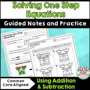 May include: A worksheet with guided notes and practice problems for solving one-step equations. The worksheet uses a balance scale analogy to illustrate the concept of equations. The text "Solving One Step Equations" is at the top of the page.