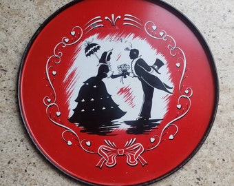 Vintage Red Metal Lithograph Tray with Couple Silhouette