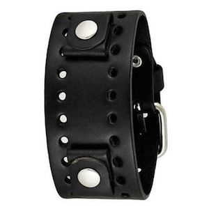 May include: A wide black leather wristband with a buckle closure and two silver-toned snap closures. The wristband has multiple circular perforations and a rectangular design.