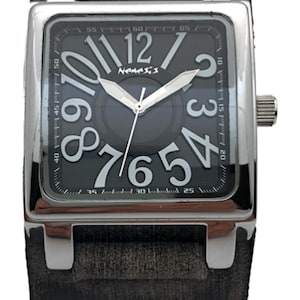 Nemesis Unix square case 3 D dial watch with Black Vintage x cuff leather bandFXB256K