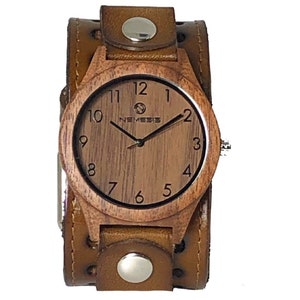 BSTH266B wood case watch with light brown leather cuff band