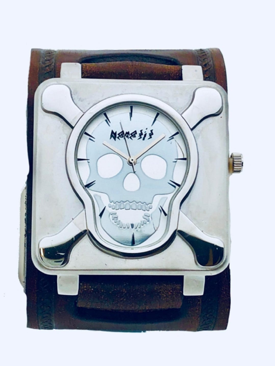 Cross Bones Skull Watch With Double X Distressed Black Leather Cuff ...