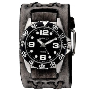May include: A black and silver wristwatch with a black leather band. The watch face has white numbers and hands, and the word "NEMESIS" is printed in white on the face. The band is a wide cuff style with a braided design.