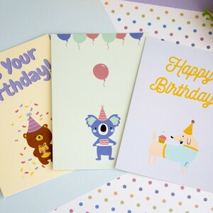 Confezione da 3 - Biglietti di auguri di compleanno con animali carini con busta - 5x7