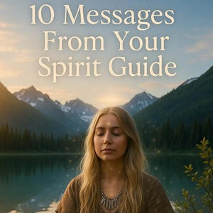 May include: A woman with long blonde hair meditates in front of a mountain lake with a sunset in the background. The text "10 Messages From Your Spirit Guide" is displayed at the top of the image.