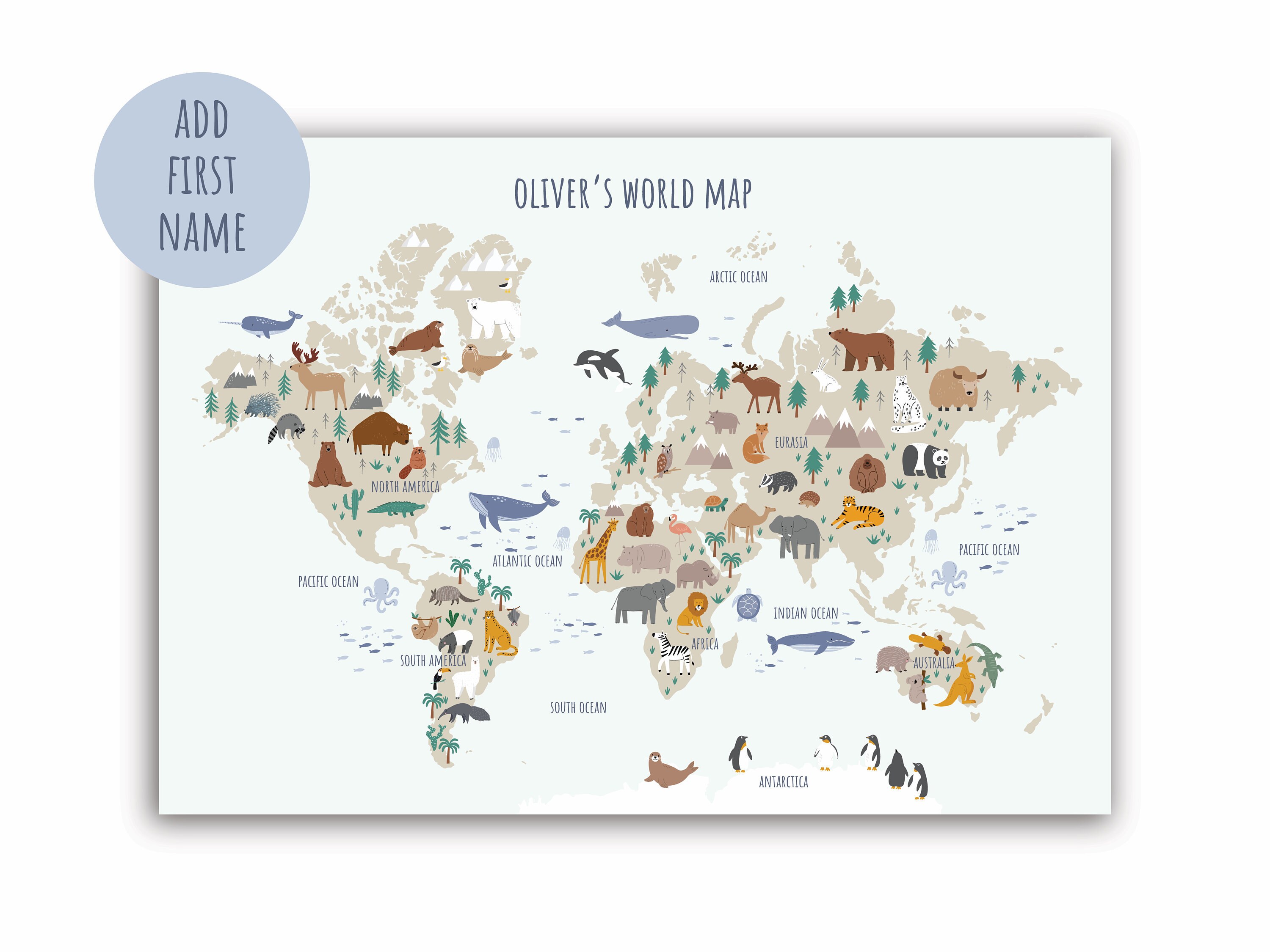 animal world map personalised kids animal map ideal nursery etsy