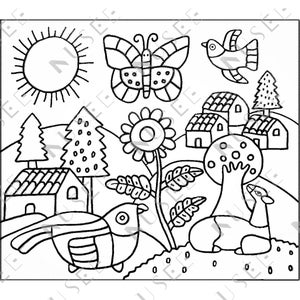 Folk Art SUMMER Kolorowanka! Ręcznie rysowana kolorowanka do wydrukowania El Salvador LaPalma Wall Art zawiera 4 rozmiary! Natychmiastowe pobranie DigitalArt