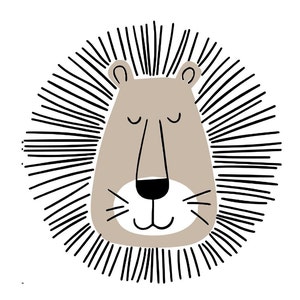 Könnte beinhalten: Cartoon-Illustration eines Löwengesichts. Der Löwe hat ein beiges Gesicht mit geschlossenen Augen, einer schwarzen Nase und einem lächelnden Mund. Die Löwenmähne wird durch schwarze Linien dargestellt, die vom Gesicht nach außen strahlen, vor einem weißen Hintergrund.