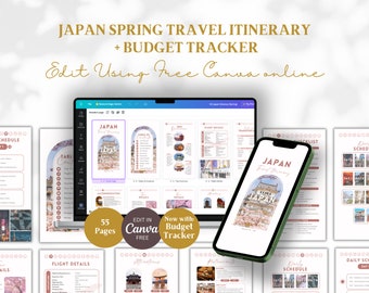 May include: A digital screen displaying a printable Japan travel itinerary and budget tracker. The itinerary includes a checklist, daily schedule, flight details, transportation, and attractions. The design features a pink and white color scheme with images of cherry blossoms and Japanese architecture.