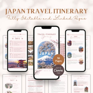 Modelo editável de itinerário de viagem no Japão, viagens de primavera no Japão, planejador de viagens, guia de viagem para impressão, guia de viagem digital, modelo Canva