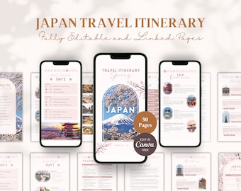 May include: A digital planner for a trip to Japan. The cover features a pink and white cherry blossom design with Mount Fuji in the background. The planner includes 50 pages and is fully editable in Canva. The text "JAPAN TRAVEL ITINERARY" is at the top of the image.