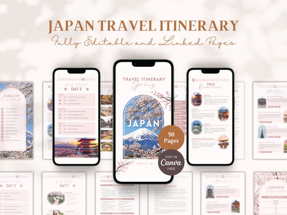 Editable Japan Travel Itinerary Template, Japan Spring Travel, Travel Planner, Printable Travel Guide, Digital Travel Guide, Canva Template