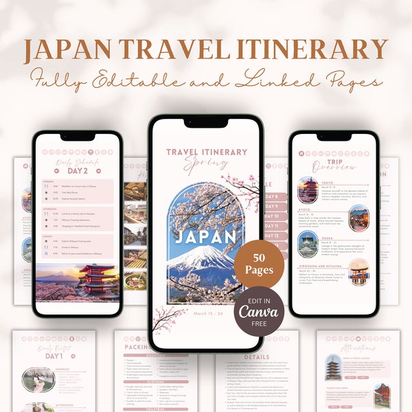 Editable Japan Travel Itinerary Template, Japan Spring Travel, Travel Planner, Printable Travel Guide, Digital Travel Guide, Canva Template