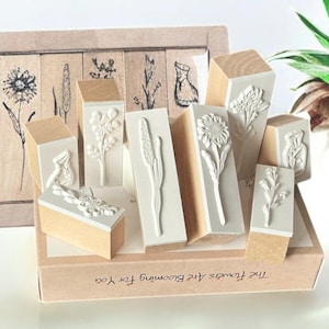 Set of 8 wooden block art & craft floral ink rubber stamps