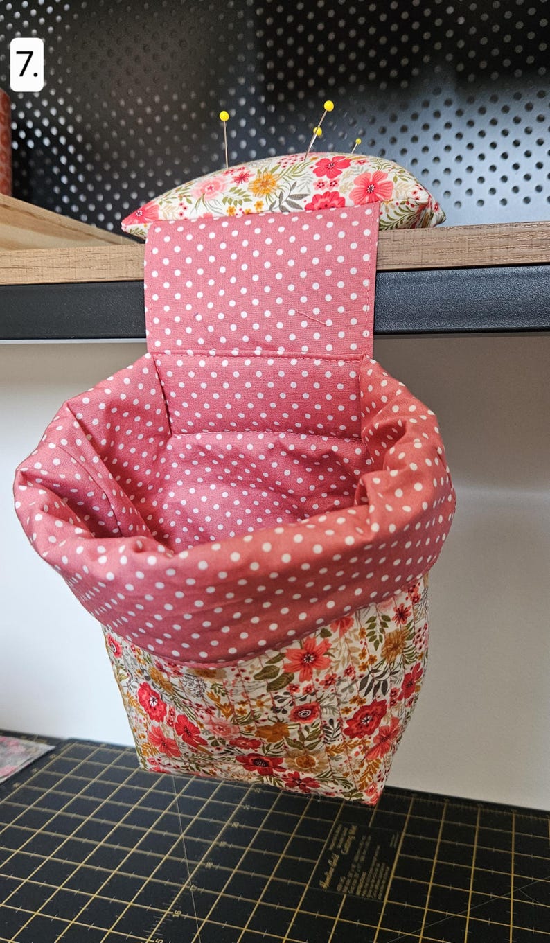 Thread Bin and Pin Cushion / Thread Catcher/ Pin Cushion/ Quilted Thread Catcher/ Thread Basket/Hanging Thread Bin/ Pin Cushion Weight 7. Ivory Pink Wild