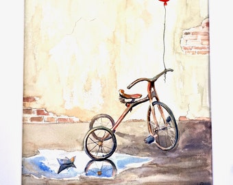 Tricycle original watercolor painting, kidcore wall art, vintage style childhood watercolor, kids room wall decor, original nursery art.