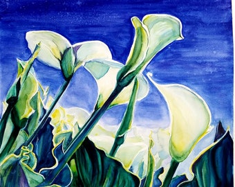 Calla lilies watercolor original painting, original large floral wall art, bright spring painting, flower painting, contemporary nature art.