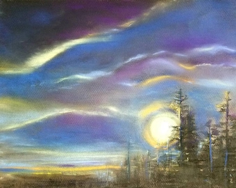 Night Sky Pastel Painting: Original Moon Art, Summer Home Decor (12x16 in)