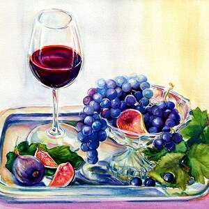 Wineglass watercolor, grapes original watercolor, fruits painting, original fine art, Sonoma County art, stilllife watercolor, kitchen decor