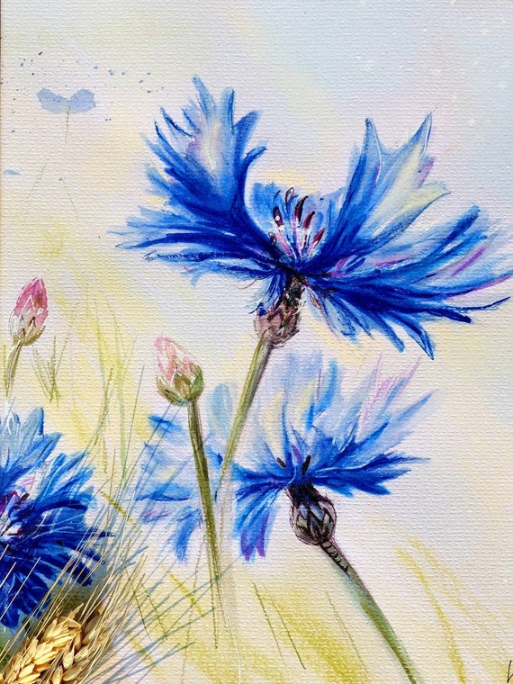 Cornflower Original Watercolor Paintingoriginal Floral | Etsy