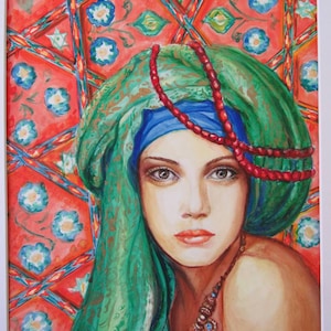 Female ink painting,original girl watercolor portrait, bohemian art, Middle eastern portrait, original signed art, eclectic home decor.