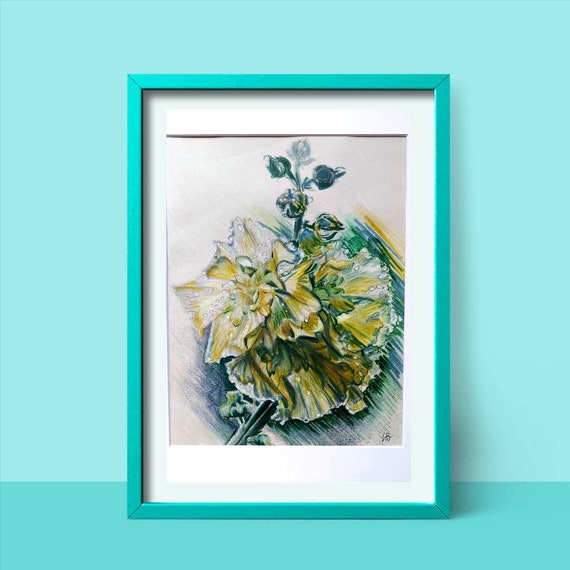 Hollyhock Original Drawing, Yellow Flowers, Botanical Wall Art - Etsy