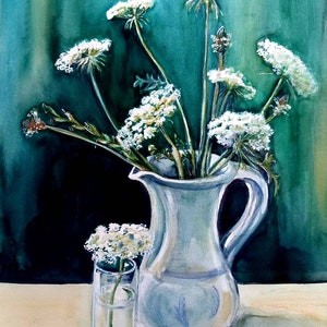 Queen Anne&#39;s lace flowers watercolor, original floral painting, flowers watercolor, original still life watercolor,emerald green wall art.