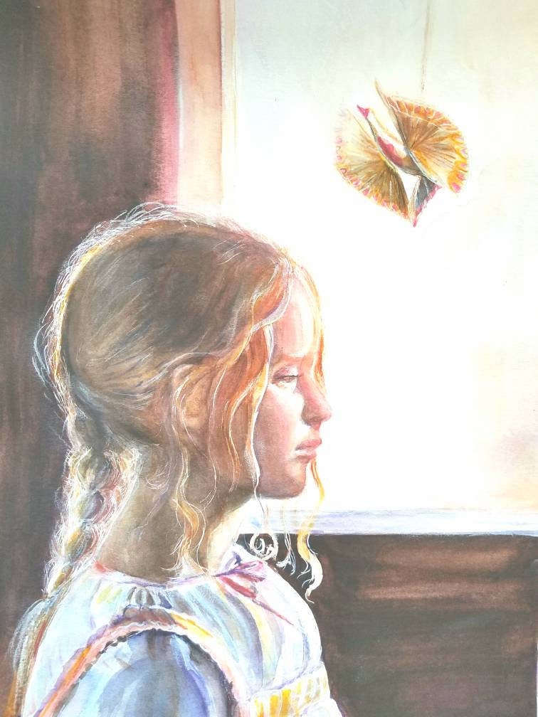 Little Girl by Window Original Watercolor, Original Russian Girl Painting,  Kidcore Room Decor, Rustic European Wall Art, Sonoma County Art. -   Singapore