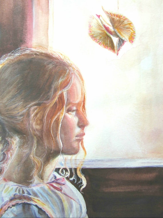 Little Girl by Window Original Watercolor, Original Russian Girl Painting,  Kidcore Room Decor, Rustic European Wall Art, Sonoma County Art. 