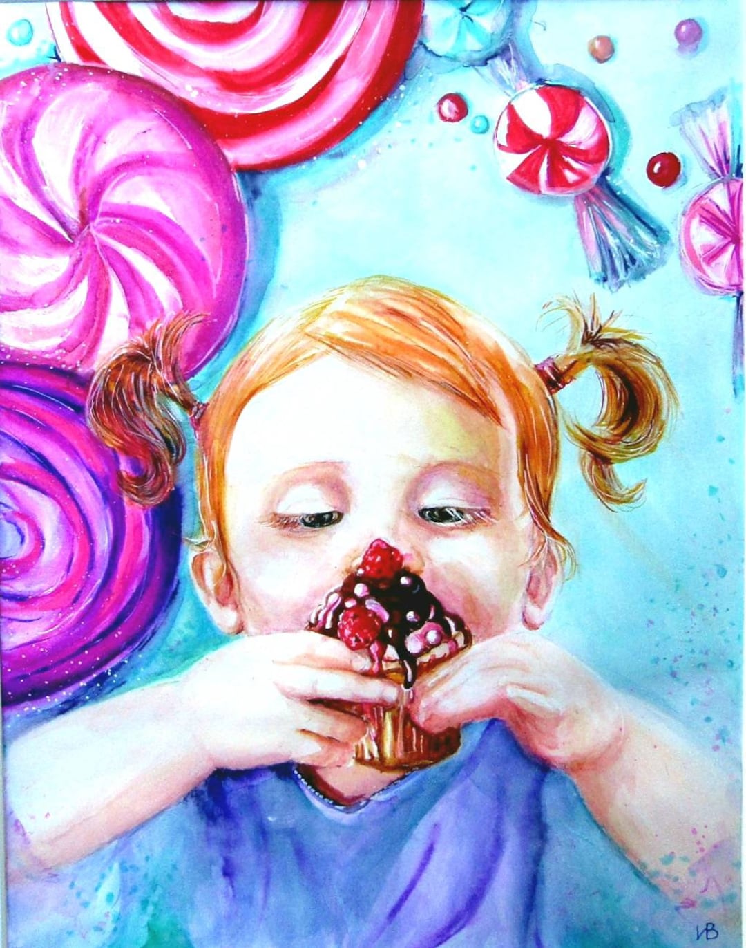Little Girl Original Painting,kidcore Original Wall Art. Cupcake Painting,  Bright Kids Room Decor, Kitchen Wall Decor, Original Ink Drawing. 