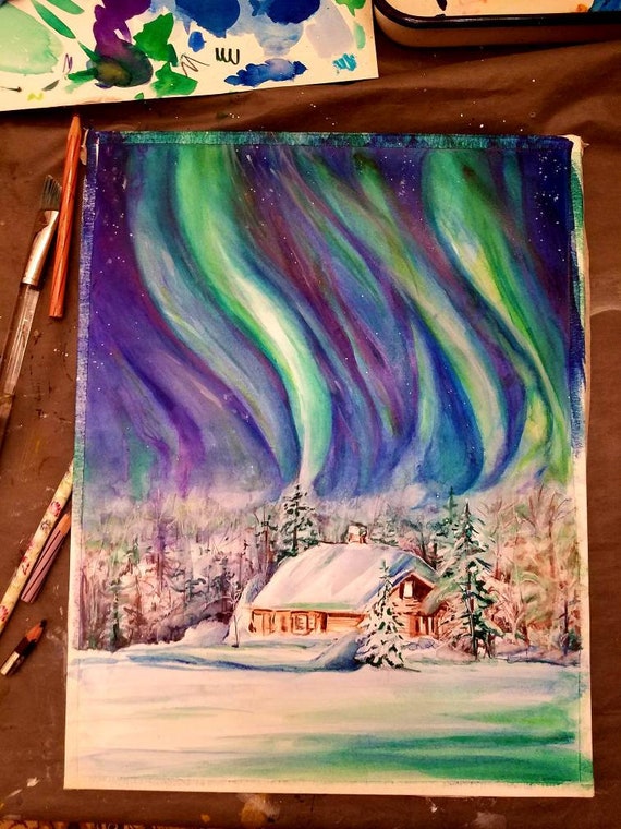 Winter Landscape, Original Northern Lights Painting, Christmas Original  Home Decor, Winter Illustration, Northern Lights Original Fine Art. 