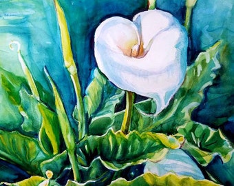 Calla lilies original watercolor painting, white flowers watercolor, spring floral original painting, home decor, emerald green wall art.