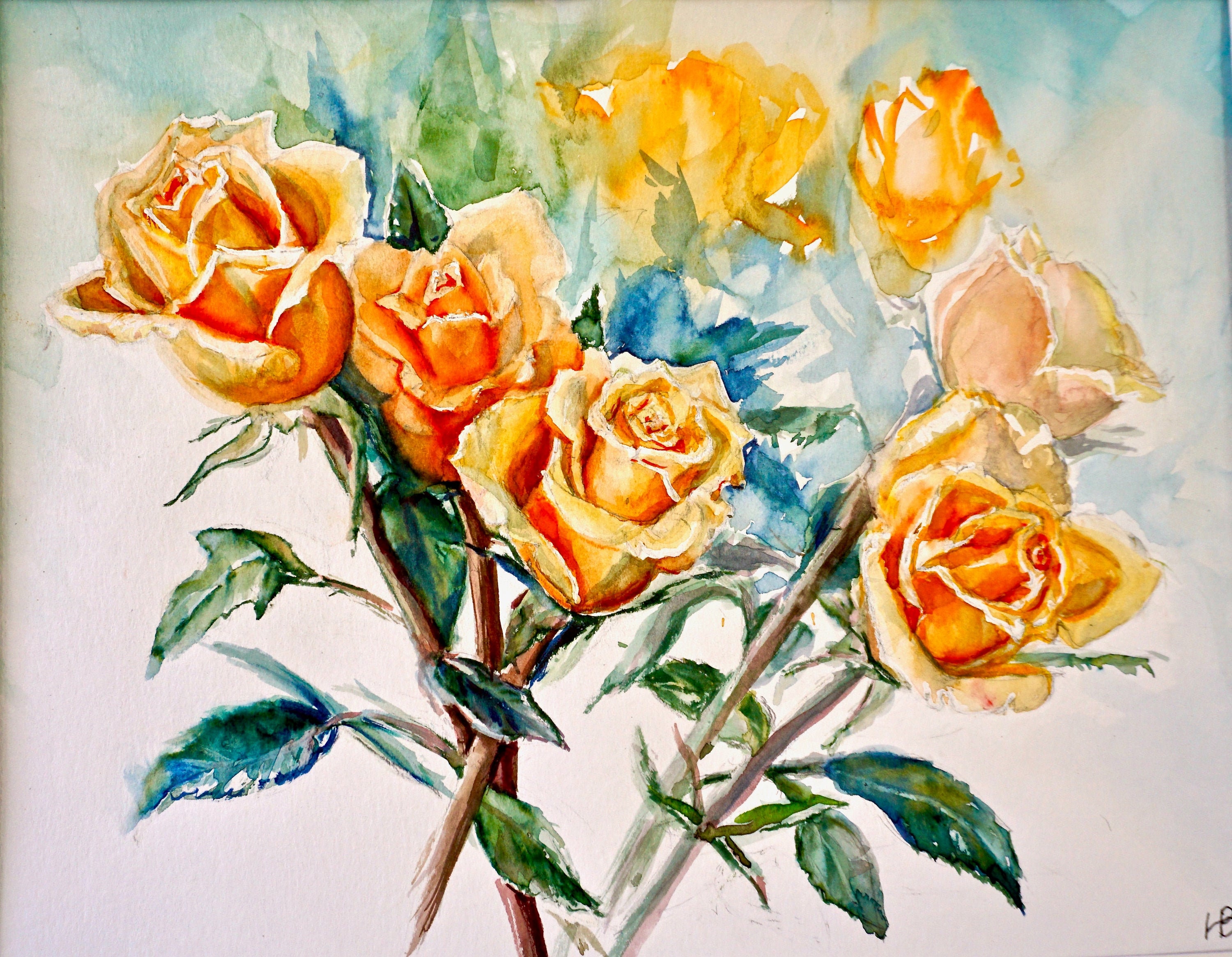 Yellow Roses Original Flower Watercolor Painting, Signed Floral