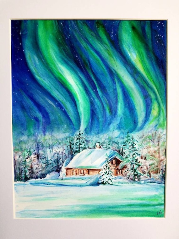 Winter Landscape, Original Northern Lights Painting, Christmas