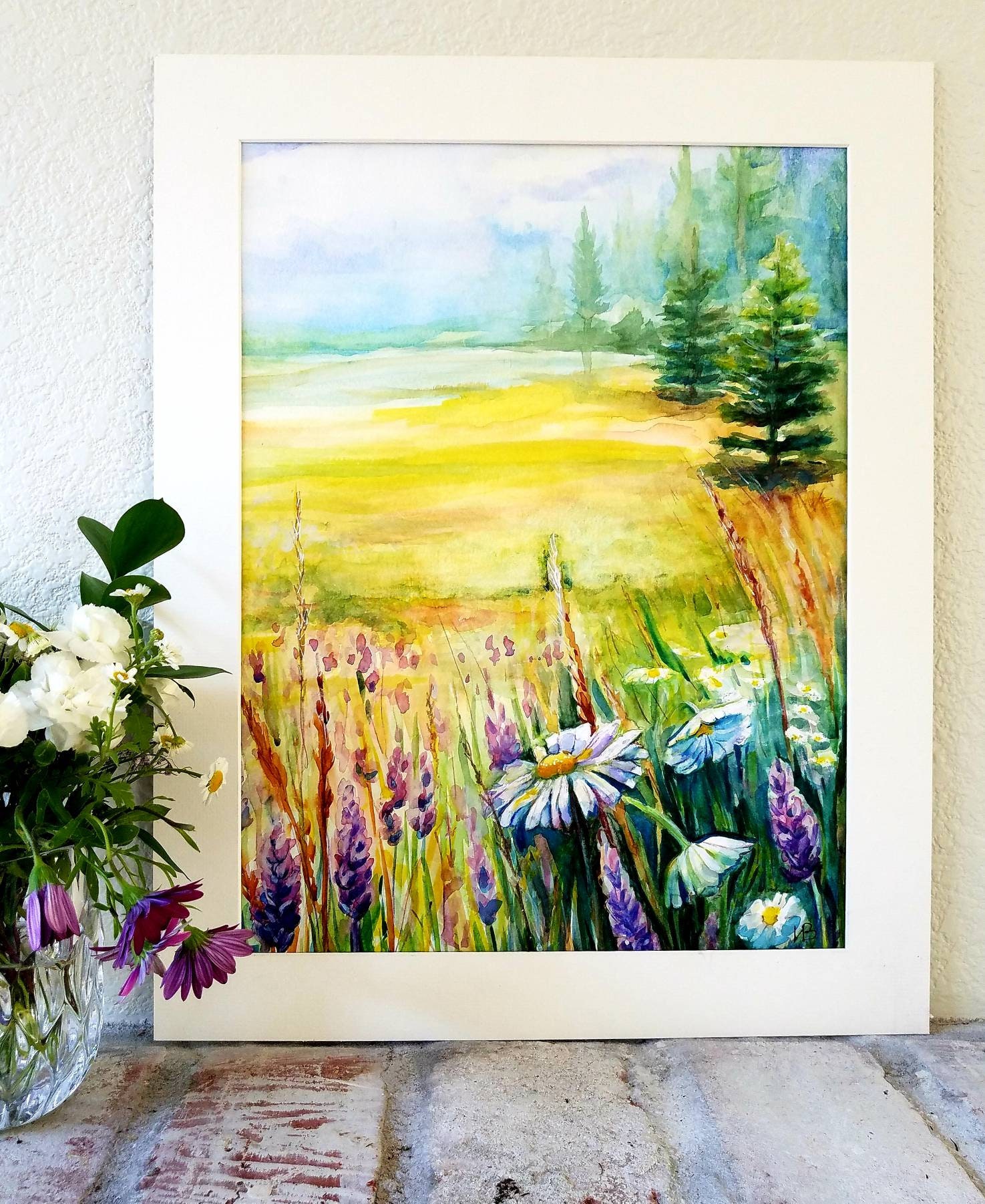 Original flower field watercolor painting daisies watercolor | Etsy