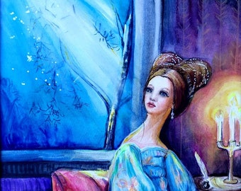 Moonlight Woman Watercolor Painting: Original Fairy Tale Wall Art (12x16")