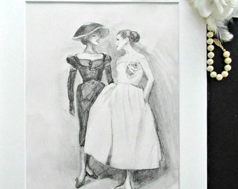 Original 1950s Fashion Pencil Sketch: Hand-Drawn Figure Art