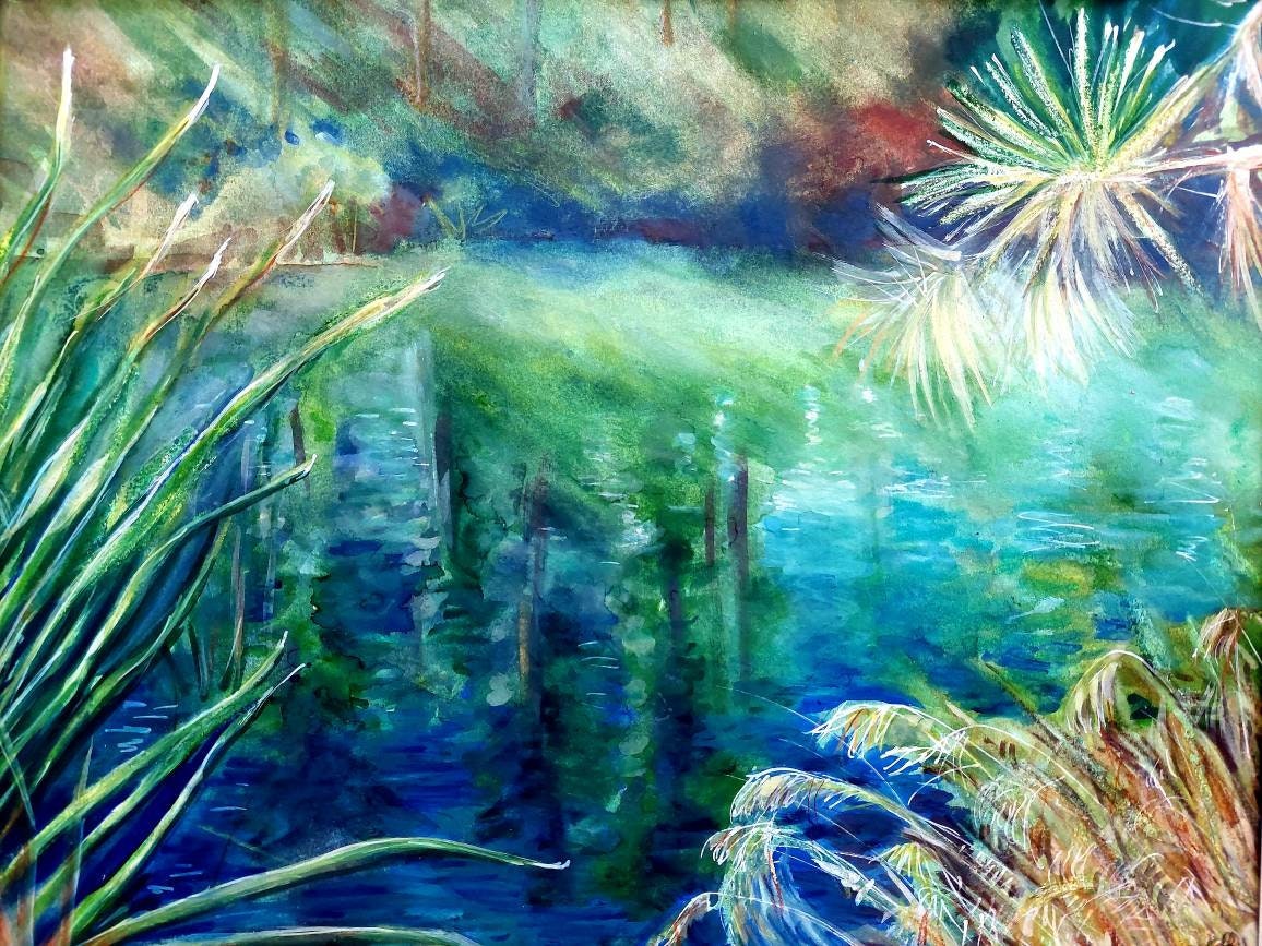 Pond Watercolor Original Painting, Blue Water Painting, Blue Wall