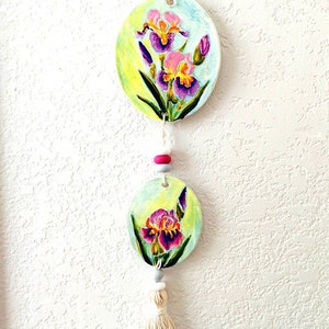 Iris clay hanging, ceramic floral art, spring wall decor, handcrafted pottery art, garden flower painting, floral wall hanging, gift for her