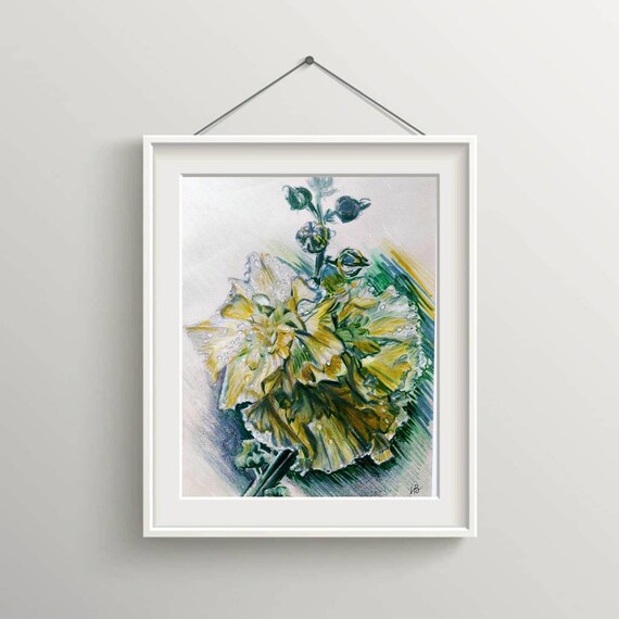 Hollyhock Original Drawing, Yellow Flowers, Botanical Wall Art - Etsy
