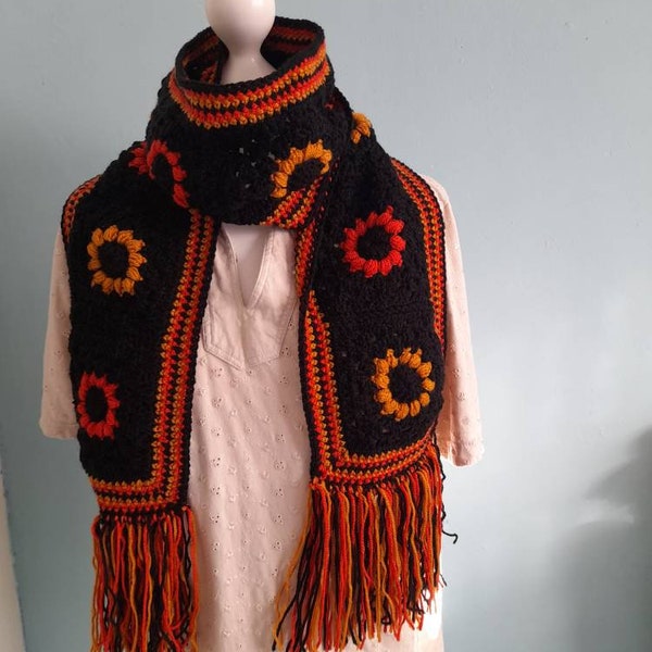 Scarf, handmadescarf, crochetscarf, sunflowerscarf, flowerscarf, scarfwithtassels