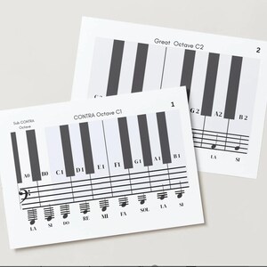 May include: Two white cards with piano key diagrams. One card displays "CONTRA Octave C1" with musical notes and key labels. The second card shows "Great Octave C2" with key labels. Both cards have black and white keys.