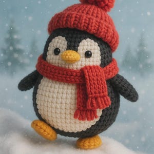 Crochet Penguin Plush – Winter Amigurumi Penguin Toy – Handmade Cute Stuffed Animal with Red Scarf & Hat – Holiday Gift – Cozy Snow Friend