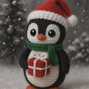 Christmas Crochet Penguin Plush – Handmade Amigurumi Penguin with Gift & Santa Hat