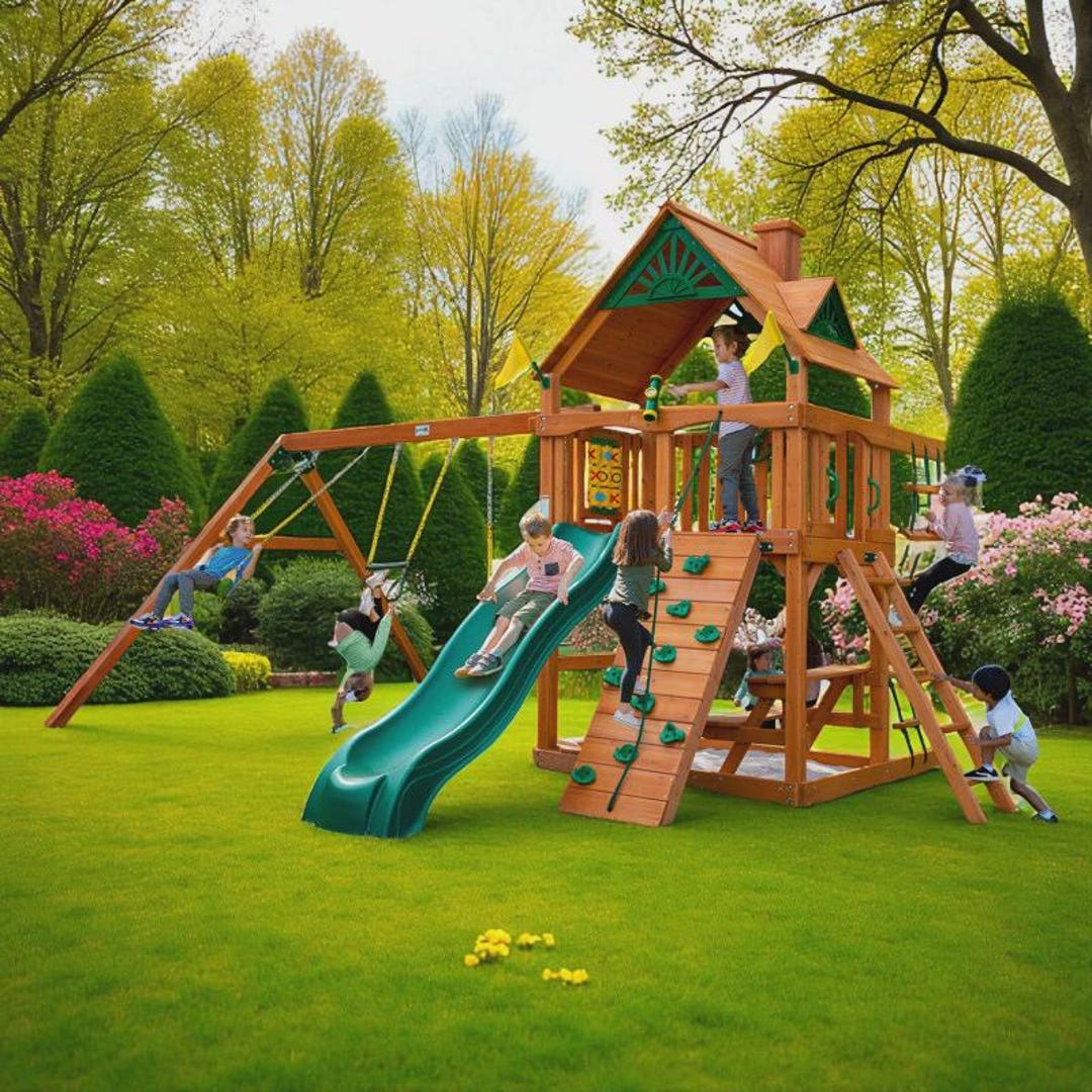 Swing Set Rocker Wooden Swing Set With Double Slide, Rock Wall Clubhouse - Etsy Australia