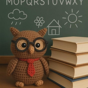 Crochet Owl Teacher Plushie with Glasses – Handmade Amigurumi Wise Owl – Back to School Gift – Cute Owl Toy