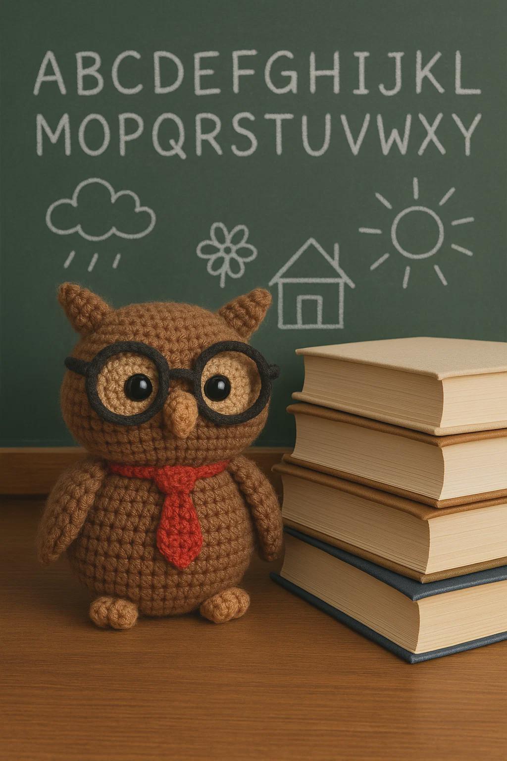 Crochet Owl Teacher Plushie with Glasses – Handmade Amigurumi Wise Owl – Back to School 