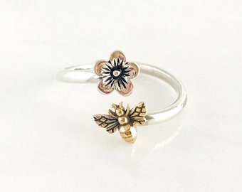 Adjustable Sterling Silver Bee Ring, Bronze Honeybee, Cherry Blossom