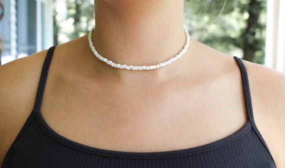 White Beaded Choker, White Seed Bead Choker, Beach Necklace