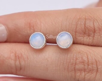 Puces d'oreilles en opalite - Puces d'oreilles en argent sterling 925 - Puces d'oreilles rondes en pierres précieuses - Bijoux en argent pour femme - Puces d'oreilles délicates - Cadeau de mariage pour elle